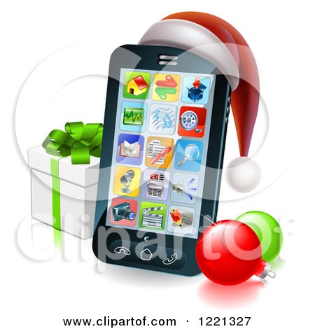Clipart of a Black Smart Phone with a Santa Hat, Christmas Baubles and Gift Box - Royalty Free Vector Illustration by AtStockIllustration
