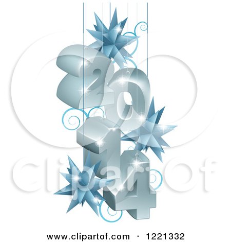 Clipart of a 3d Year 2014 Suspended with Star Ornaments in Gray and Blue - Royalty Free Vector Illustration by AtStockIllustration