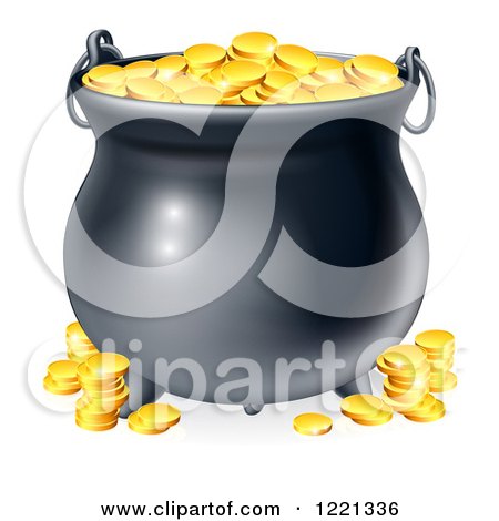 Clipart of a Black Cauldron with Gold Coins - Royalty Free Vector Illustration by AtStockIllustration