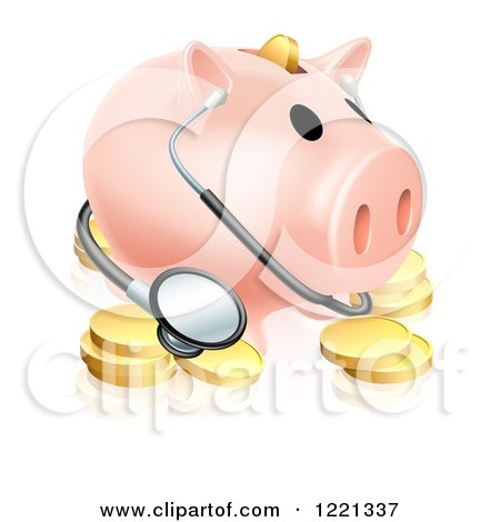 Clipart of a Piggy Bank with a Stethoscope and Gold Coins - Royalty Free Vector Illustration by AtStockIllustration