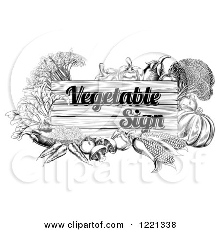 Clipart of a Black and White Etched Vegetable Sign and Produce - Royalty Free Vector Illustration by AtStockIllustration