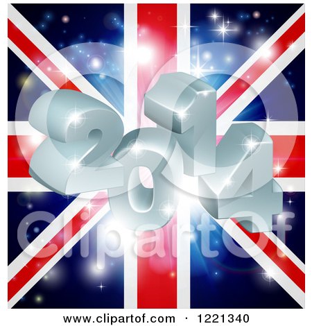 Clipart of a 3d 2014 and Fireworks over a Union Jack Flag - Royalty Free Vector Illustration by AtStockIllustration