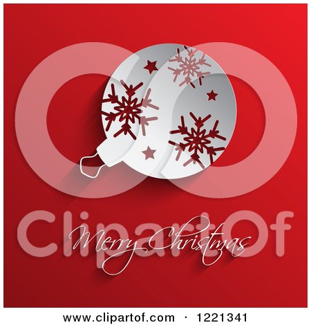 Clipart of a Merry Christmas Greeting White Snowflake Bauble on Red - Royalty Free Vector Illustration by KJ Pargeter