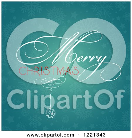 Clipart of a Merry Christmas Greeting and Ornament over Blue Stars and Snowflakes - Royalty Free Vector Illustration by KJ Pargeter