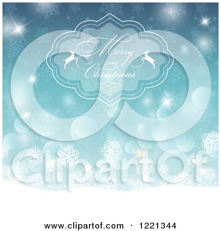 Clipart of a Merry Christmas Greeting with Reindeer over Blue Bokeh and Snowflakes - Royalty Free Vector Illustration by KJ Pargeter
