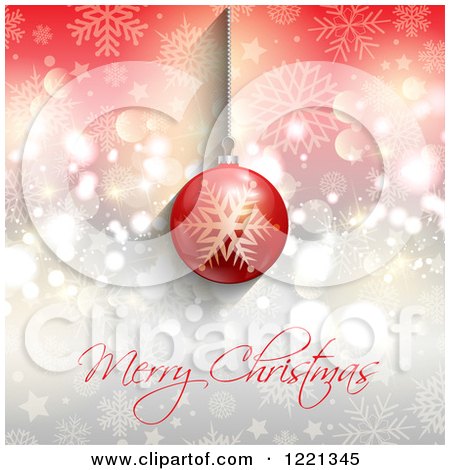 Clipart of a Merry Christmas Greeting and Red Bauble over Bokeh Stars and Snowflakes - Royalty Free Vector Illustration by KJ Pargeter