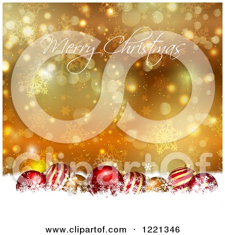 Clipart of a Merry Christmas Greeting and Baubles in Snow over Gold Bokeh Stars and Snowflakes - Royalty Free Vector Illustration by KJ Pargeter