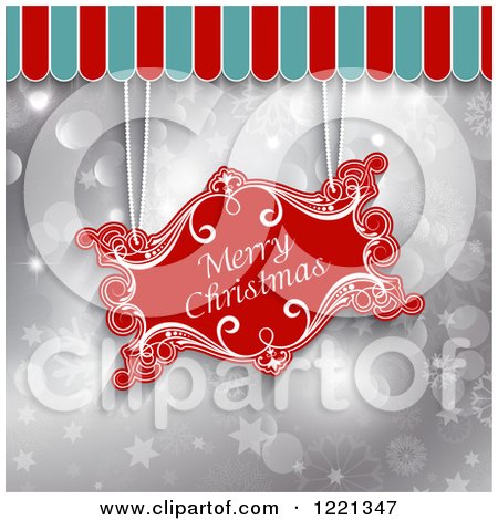 Clipart of a Merry Christmas Greeting Sign Suspended from an Awning over Silver Stars Bokeh and Snowflakes - Royalty Free Vector Illustration by KJ Pargeter