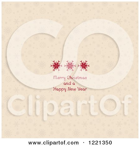 Clipart of a Red Merry Christmas and a Happy New Year Greeting over Tan Snowflakes - Royalty Free Vector Illustration by KJ Pargeter