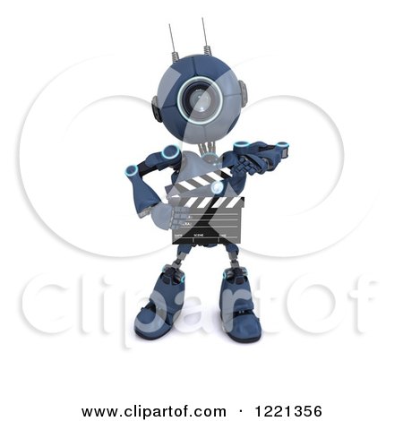 Clipart of a 3d Blue Android Robot Holding a Movie Clapper Board - Royalty Free Illustration by KJ Pargeter