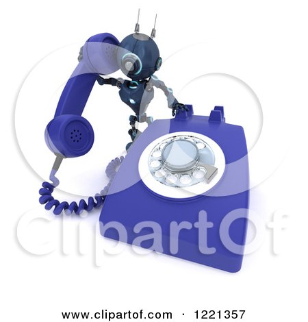 Clipart of a 3d Blue Android Robot Using a Landline Desk Phone - Royalty Free Illustration by KJ Pargeter