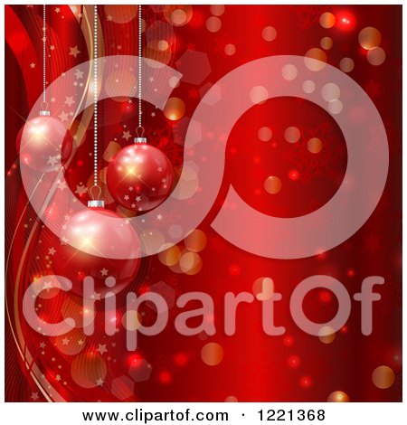 Clipart of Suspended Christmas Baubles over Waves Stars Bokeh and Snowflakes on Red - Royalty Free Vector Illustration by KJ Pargeter