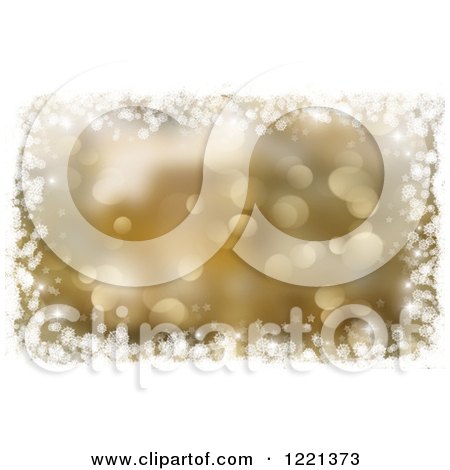 Clipart of a Gold Christmas Bokeh Background Bordered in White Snowflakes and Stars - Royalty Free Illustration by KJ Pargeter