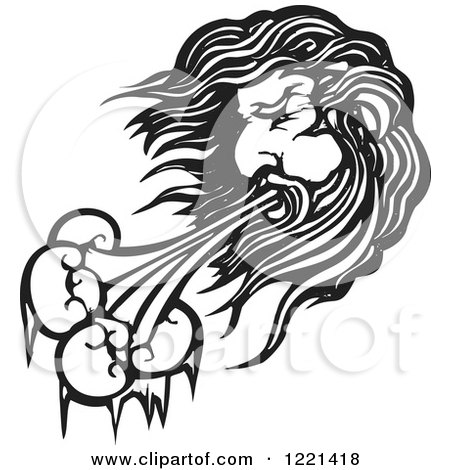 Clipart of a Black and White North Wind Man Woodcut - Royalty Free Vector Illustration by xunantunich