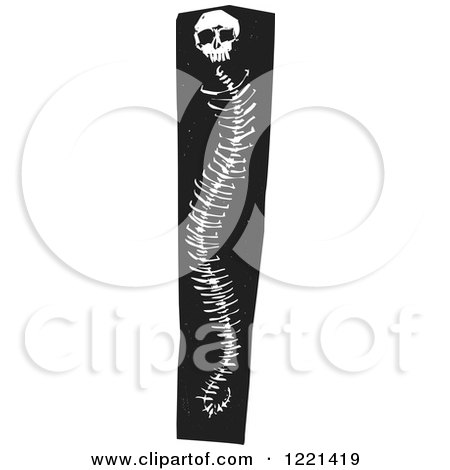 Clipart of a Black and White Snake Skeleton with a Human Skull Woodcut - Royalty Free Vector Illustration by xunantunich
