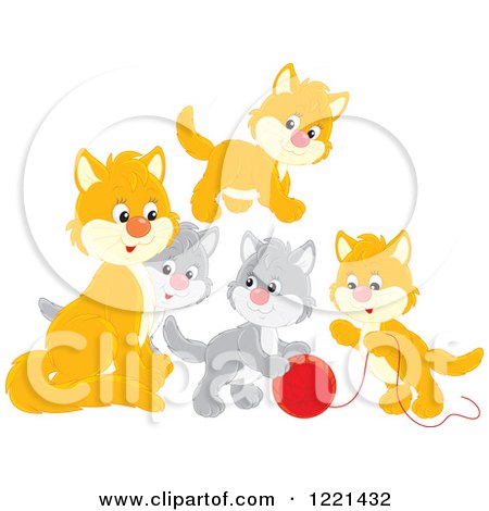 Clipart of a Mom Cat Supervising Cute Gray and Orange Kittens Playing with Yarn - Royalty Free Vector Illustration by Alex Bannykh
