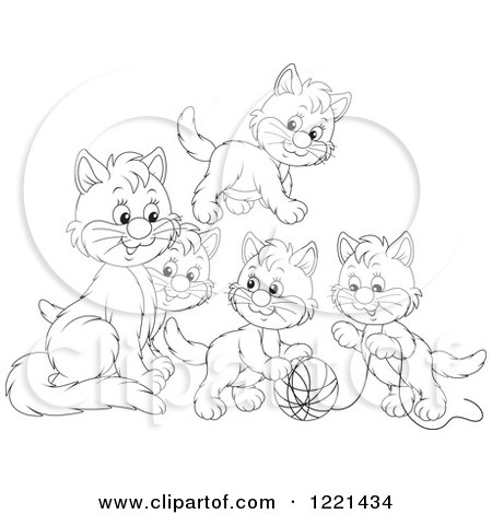 Clipart of Outlined Kittens Playing with Yarn - Royalty Free Vector Illustration by Alex Bannykh