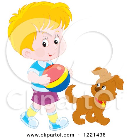 Clipart of a Boy Carrying a Ball and Walking with a Puppy - Royalty Free Vector Illustration by Alex Bannykh