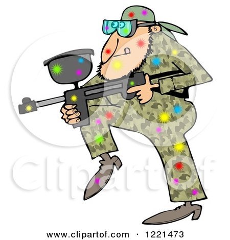 Clipart of a Paintball Man in Camouflage, Covered in Colorful Splats - Royalty Free Illustration by djart