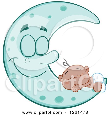 Clipart of a Black Baby Boy Sleeping on a Happy Blue Crescent Moon - Royalty Free Vector Illustration by Hit Toon