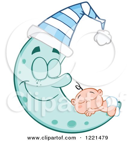 Clipart of a Caucasian Baby Sleeping on a Happy Blue Crescent Moon with a Hat - Royalty Free Vector Illustration by Hit Toon