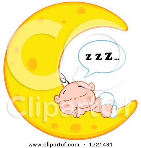 Clipart of a Caucasian Baby Boy with Zzz Sleeping on a Crescent Moon - Royalty Free Vector Illustration by Hit Toon