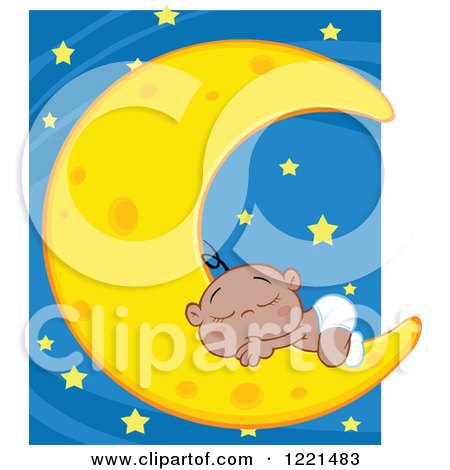 Clipart of a Black Baby Boy Sleeping on a Crescent Moon over Stars - Royalty Free Vector Illustration by Hit Toon