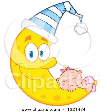 Clipart of a Caucasian Baby Girl Sleeping on a Happy Crescent Moon Wearing a Hat - Royalty Free Vector Illustration by Hit Toon