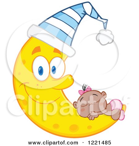 Clipart of a Black Baby Girl Sleeping on a Happy Crescent Moon Wearing a Hat - Royalty Free Vector Illustration by Hit Toon