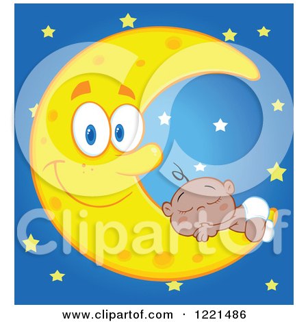 Clipart of a Black Baby Sleeping on a Happy Crescent Moon over Stars - Royalty Free Vector Illustration by Hit Toon