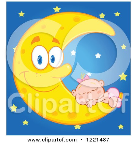 Clipart of a Caucasian Baby Girl Sleeping on a Happy Crescent Moon with Stars - Royalty Free Vector Illustration by Hit Toon