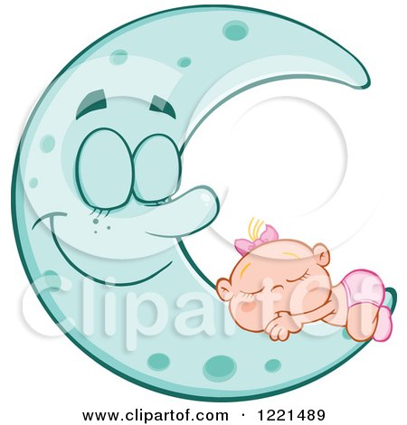 Clipart of a Caucasian Baby Girl Sleeping on a Happy Blue Crescent Moon - Royalty Free Vector Illustration by Hit Toon