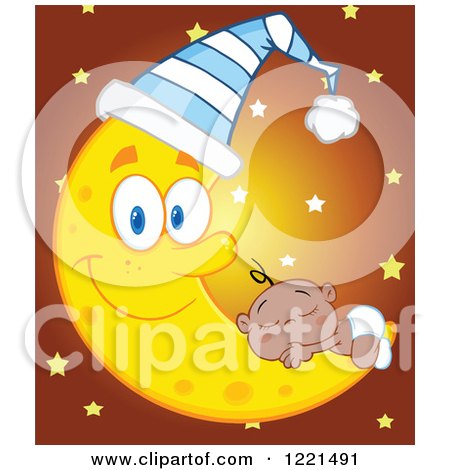Clipart of a Black Baby Boy Sleeping on a Happy Crescent Moon Wearing a Hat, with Stars - Royalty Free Vector Illustration by Hit Toon