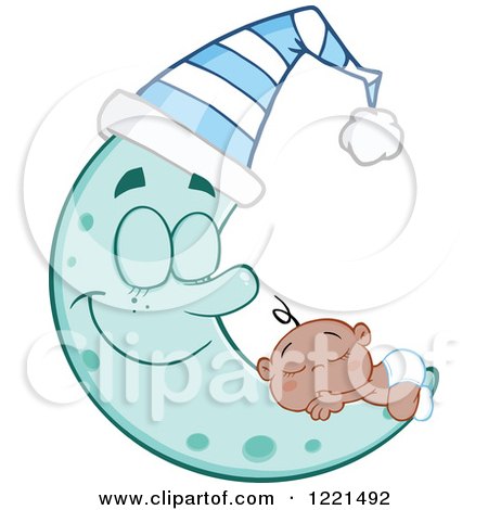 Clipart of a Black Baby Boy Sleeping on a Happy Blue Crescent Moon Wearing a Hat - Royalty Free Vector Illustration by Hit Toon