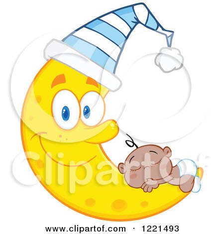 Clipart of a Black Baby Boy Sleeping on a Happy Crescent Moon Wearing a Hat - Royalty Free Vector Illustration by Hit Toon