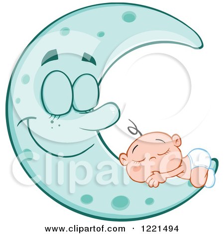Clipart of a Caucasian Baby Sleeping on a Happy Blue Crescent Moon - Royalty Free Vector Illustration by Hit Toon