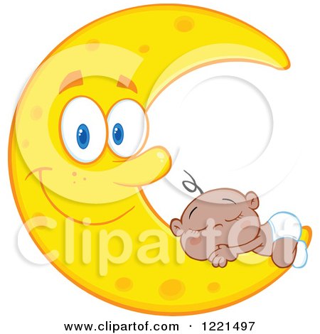 Clipart of a Black Baby Sleeping on a Happy Crescent Moon - Royalty Free Vector Illustration by Hit Toon