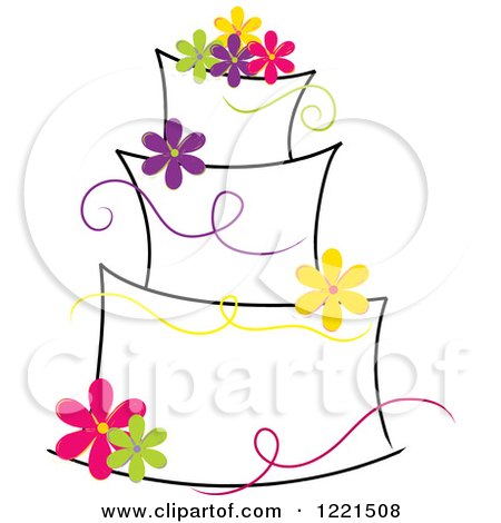 Clipart of a Three Tiered Cake with Colorful Flowers and Ribbons - Royalty Free Vector Illustration by Pams Clipart