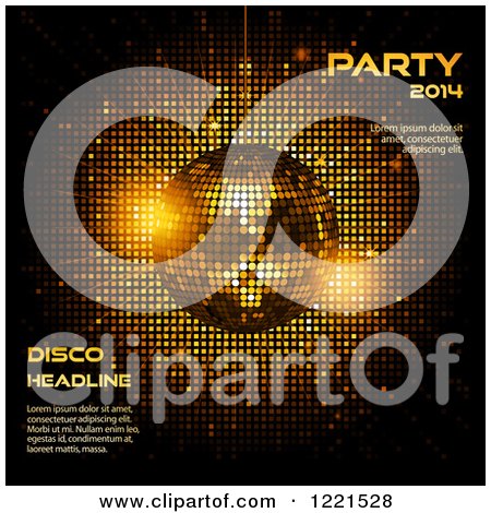 Clipart of a Sparkly Disco Ball with Sample Text over Gold Lights on Black - Royalty Free Vector Illustration by elaineitalia