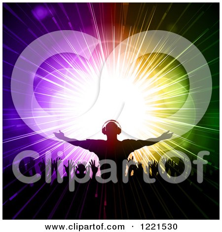Clipart of a Silhouetted Male Dj over Dancing Fans and Colorful Lights - Royalty Free Vector Illustration by elaineitalia