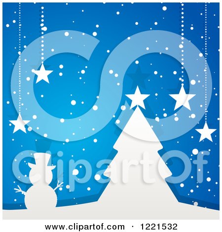 Clipart of a White Paper Christmas Tree and Snowman with Suspended Stars on Blue - Royalty Free Vector Illustration by elaineitalia