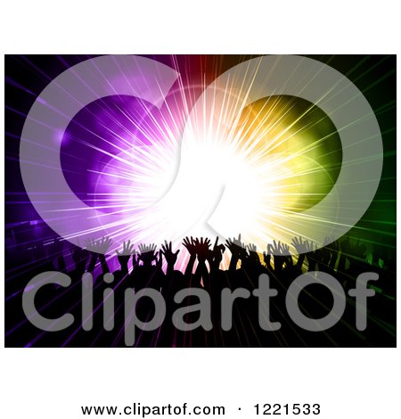 Clipart of a Crowd of Silhouetted Hands over a Burst of Colorful Lights - Royalty Free Vector Illustration by elaineitalia