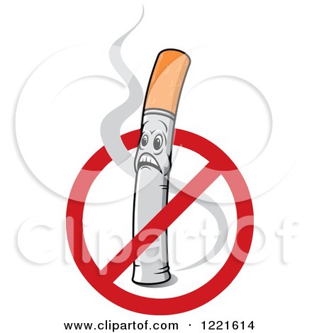 Clipart of a No Smoking Symbol over a Shocked Cigarette Character with Smoke - Royalty Free Vector Illustration by Vector Tradition SM