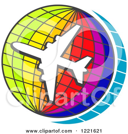 Clipart of a White Airplane Circling a Colorful Grid Globe - Royalty Free Vector Illustration by Vector Tradition SM