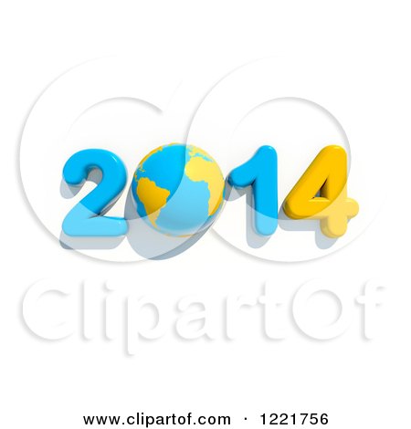 Clipart of a 3d Year 2014 and Earth in Blue and Yellow, on White - Royalty Free Illustration by chrisroll