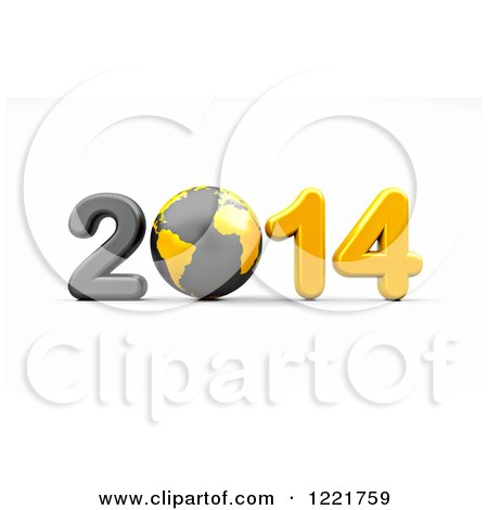 Clipart of a 3d Year 2014 and Earth in Yellow and Black, on White - Royalty Free Illustration by chrisroll