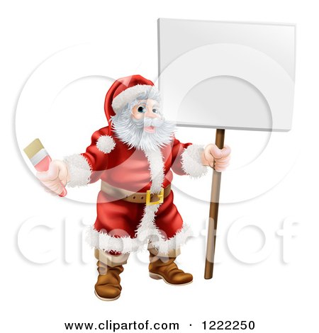 Clipart of Santa Claus Holding a Paintbrush and Sign - Royalty Free Vector Illustration by AtStockIllustration
