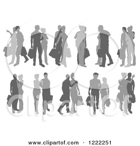 Clipart of Grayscale Silhouetted Couples Shopping - Royalty Free Vector Illustration by AtStockIllustration