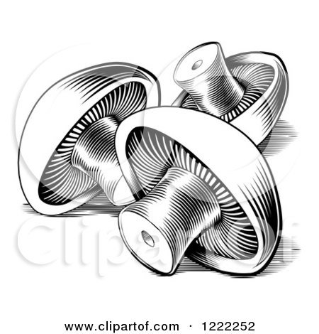 Clipart of Black and White Button Mushrooms - Royalty Free Vector Illustration by AtStockIllustration
