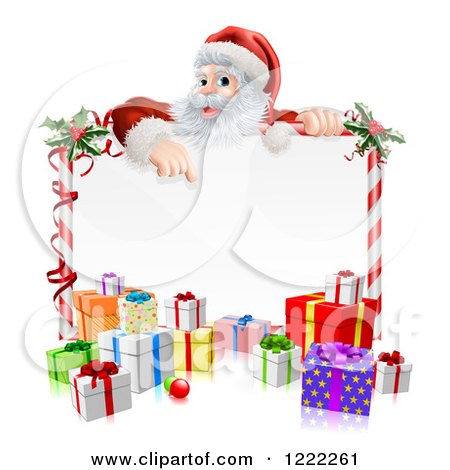 Clipart of Santa Claus Pointing down to a Candy Cane Sign with Presents - Royalty Free Vector Illustration by AtStockIllustration